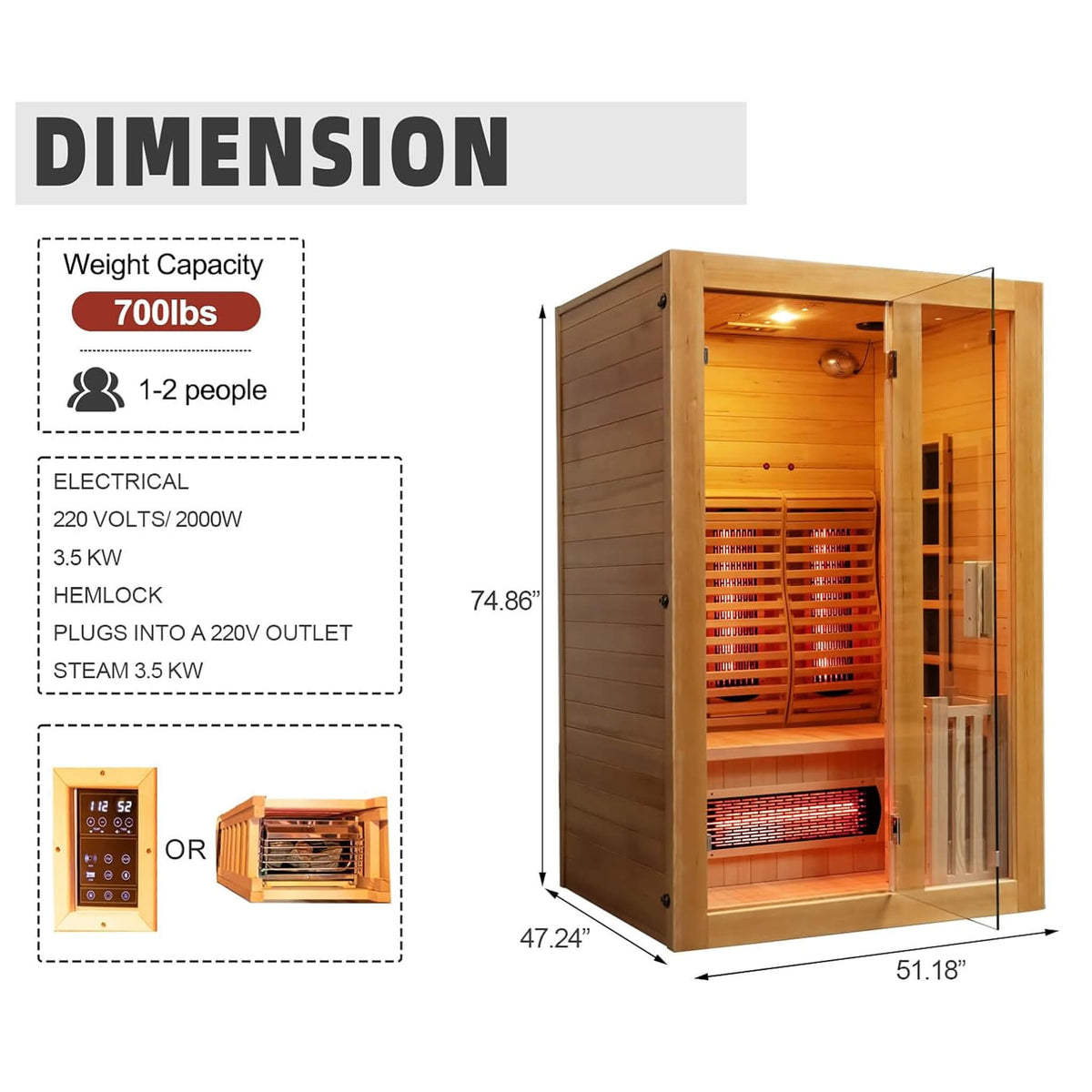 Rövia Luma 2-Person Indoor Hybrid Sauna Room With Infrared And 3.5KW Steam Heater [Made-To-Order]