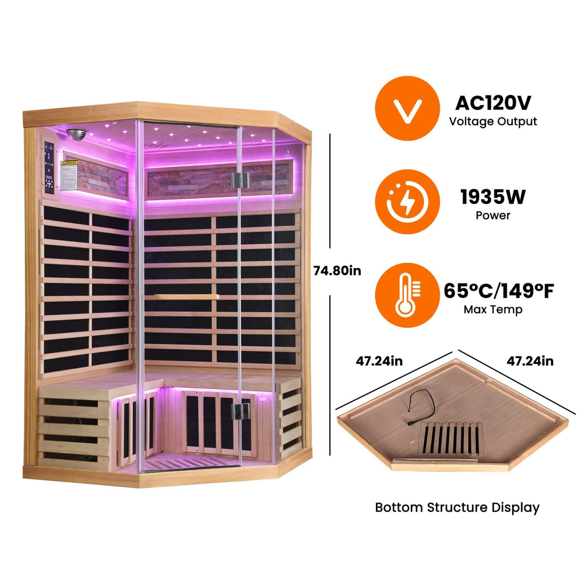 Thermora Ember Premium Canadian Hemlock 2-Person Indoor Infrared Sauna Room With Glass Front - photo 3